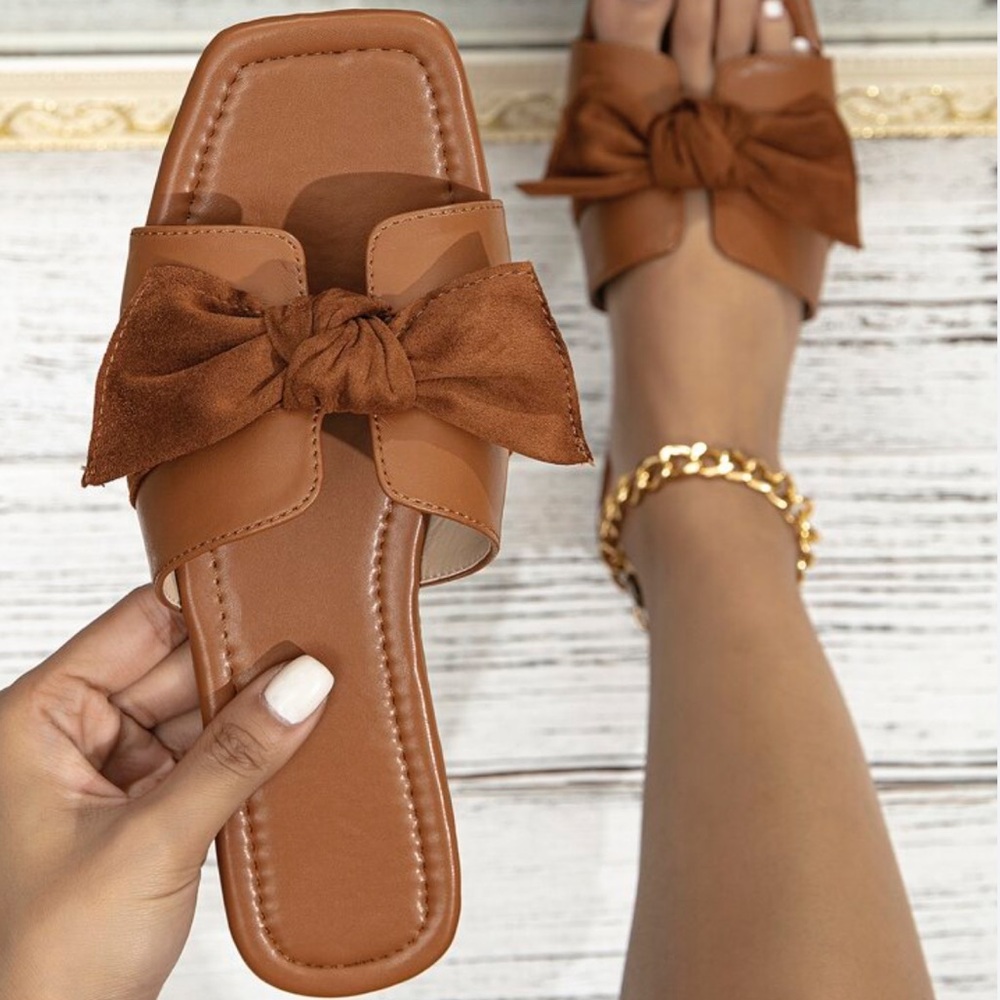 Faux Leather Bow Slide Sandals